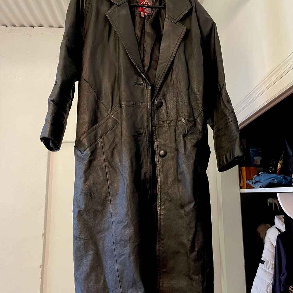 Men's Genuine Black Leather Long Coat